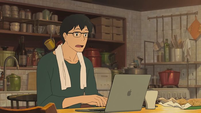 Anime illustration of someone searching for sheet music on a laptop