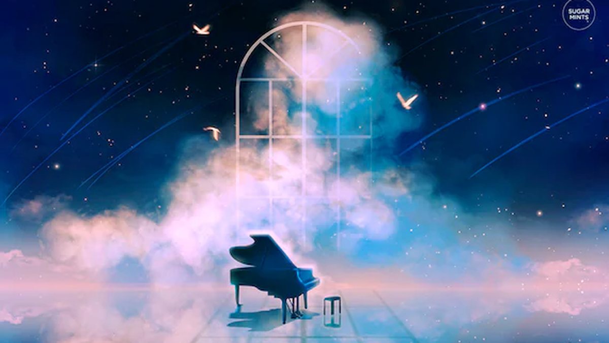 Grand piano under a starry sky, illustration for the guide to easy anime songs on piano